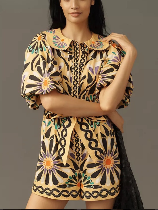 FARM Rio Pants - FARM Rio Yellow Floral Puff-Sleeve Romper with Scalloped Collar